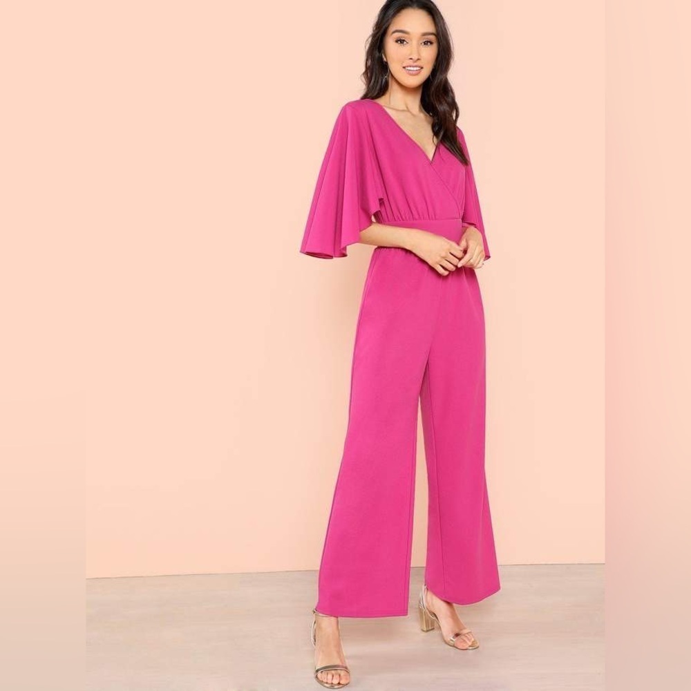 SHEIN Womens Neon Pink Flutter Sleeve Wrap V-Neck Wide Leg Jumpsuit Large